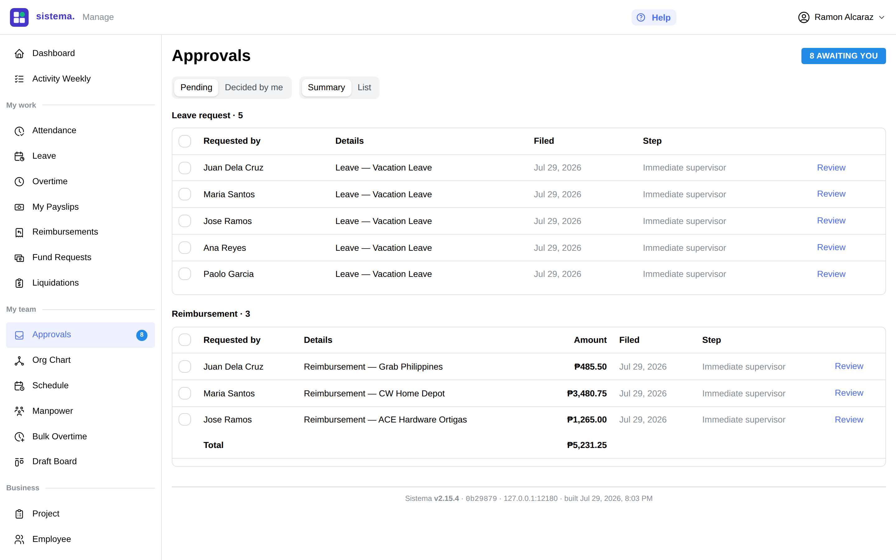 Approvals inbox in summary mode — leave and reimbursement tables with amounts and a total, ready for bulk approve