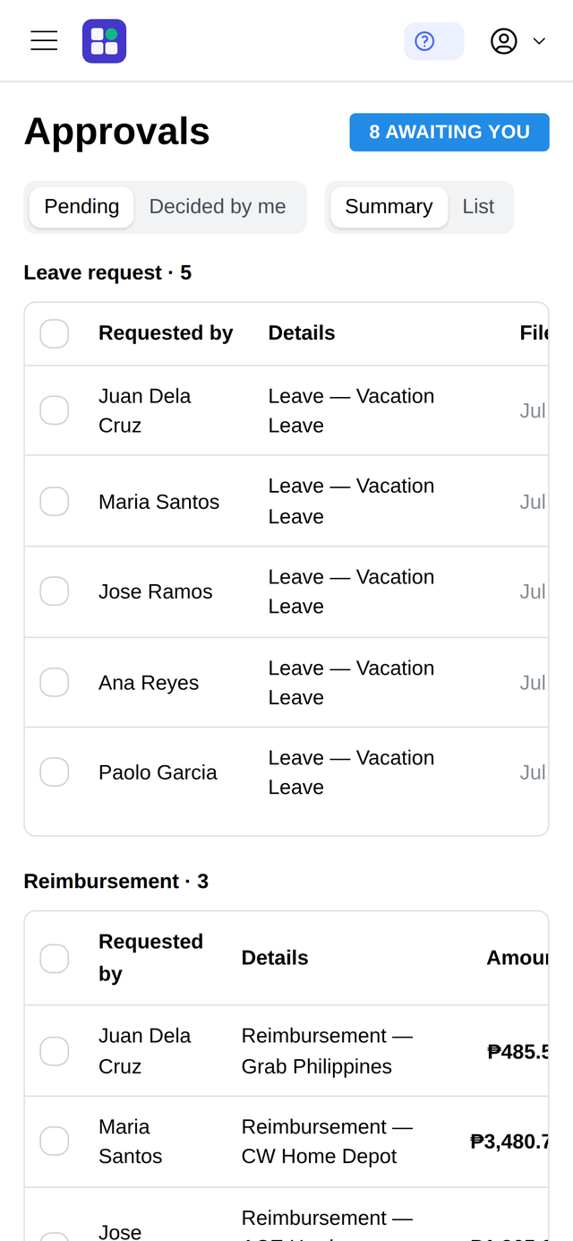 Sistema on the phone — the approvals inbox