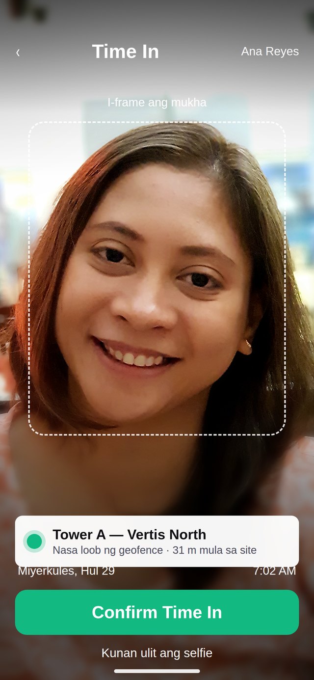 The selfie time-in screen — face framed, site geofence confirmed, one tap to confirm